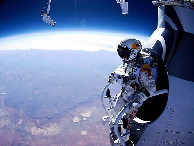Skydiver Felix Baumgartner makes the highest skydive ever on Oct. 14, 2012. He jumped from 128,000 feet (39,000 meters), or about 24 miles up, during the Red Bull Stratos mission.